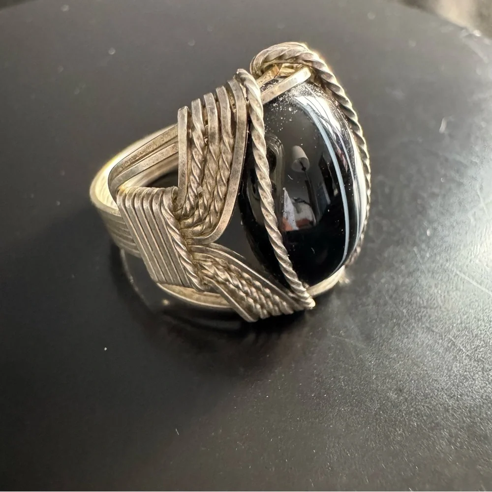 Artisan Wire-Wrapped Sterling Ring - Black Agate